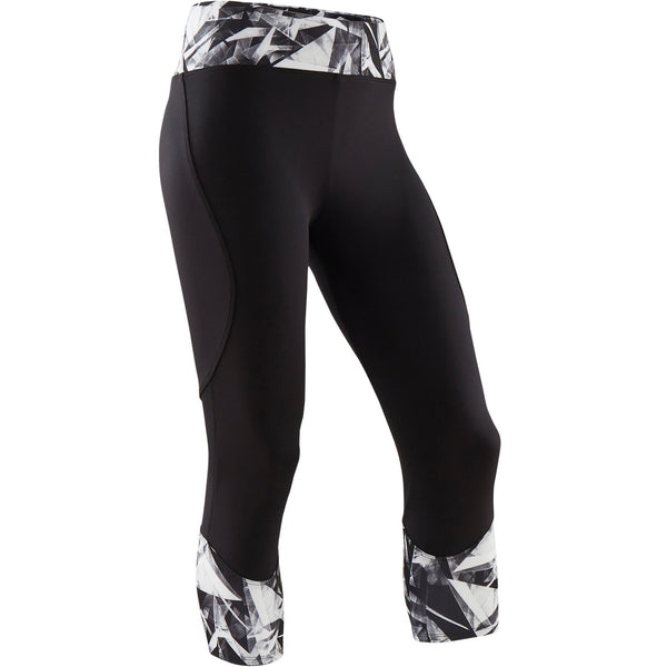 DOMYOS Girls' Breathable Synthetic Gym Leggings S500 Print, Black