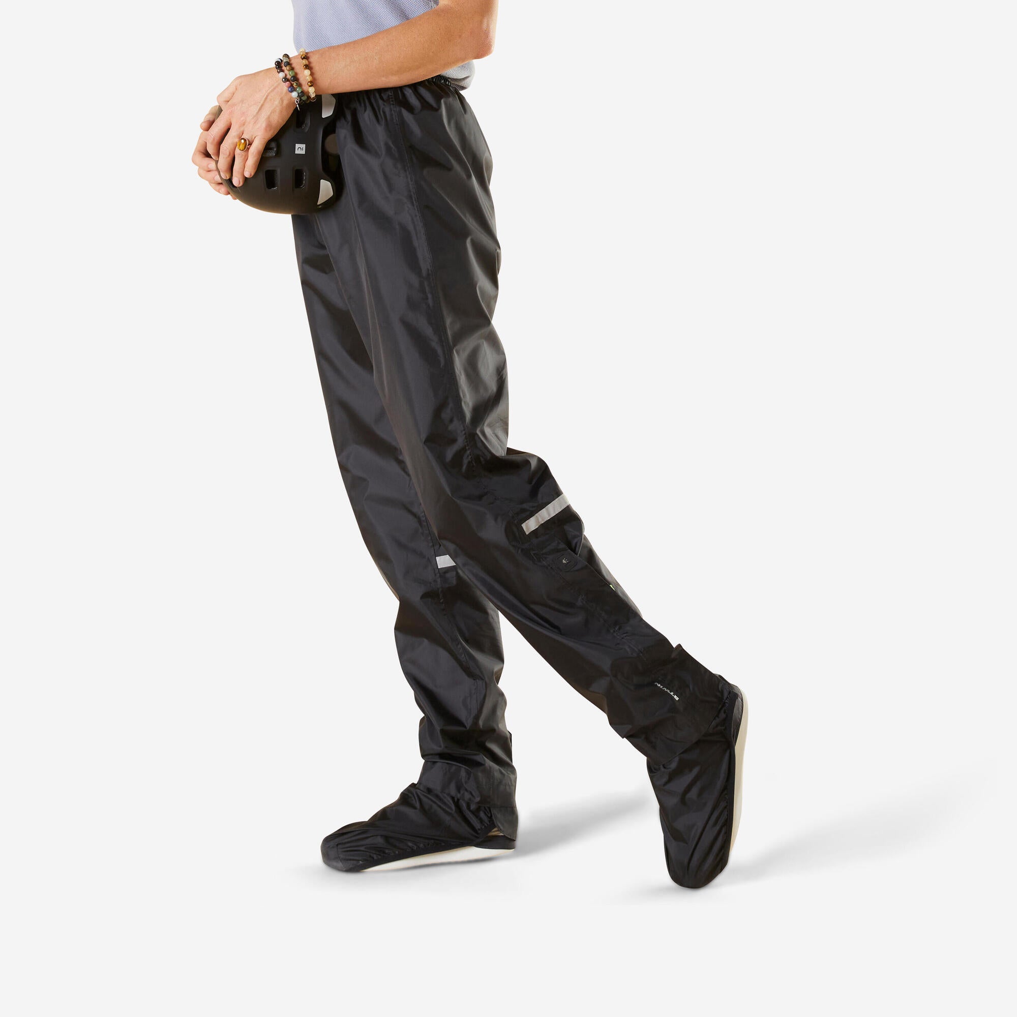 Btwin City Cycling Rain OverPants with Built In Overshoes 100 Black Decathlon